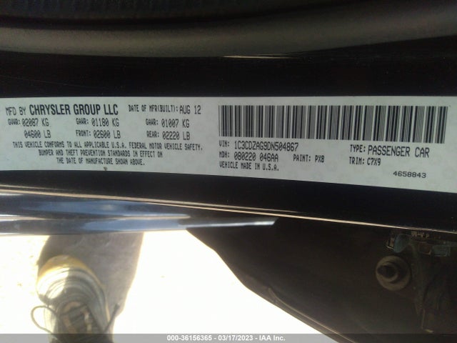 2013 DODGE AVENGER SE V6 VIN: 1C3CDZAG9DN504867