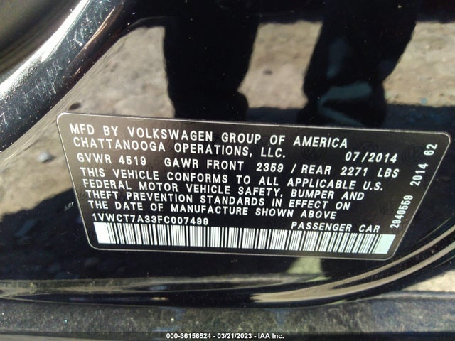 1VWCT7A33FC007499 Volkswagen Passat 1.8t Sel Premium