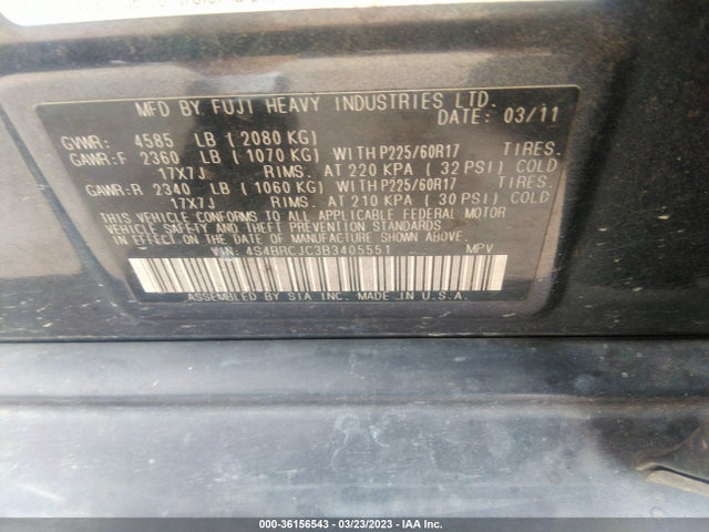 2011 SUBARU OUTBACK 2.5I LIMITED VIN: 4S4BRCJC3B3405551