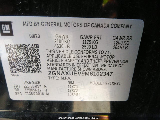 Chevrolet EQUINOX LT 2021 2GNAXUEV9M6102347 Image 9