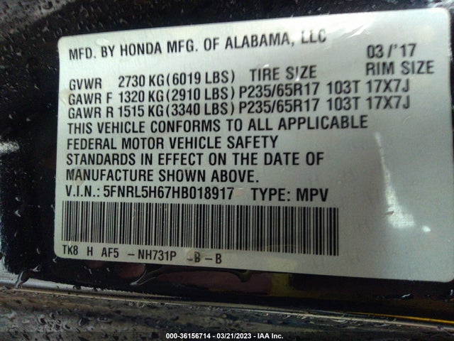 Honda Odyssey Ex-l 2017 5FNRL5H67HB018917 Image 9