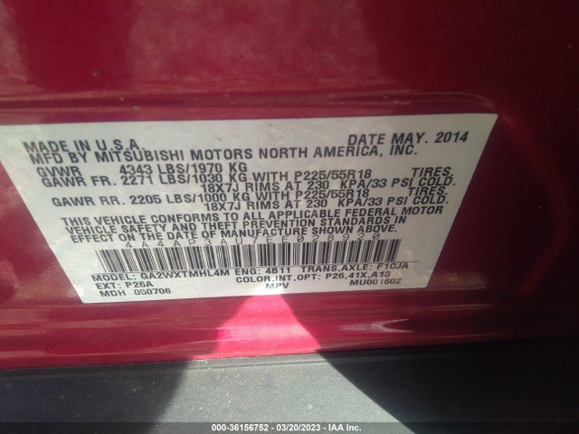 4A4AP3AU7EE028920 Mitsubishi Outlander Sport Es