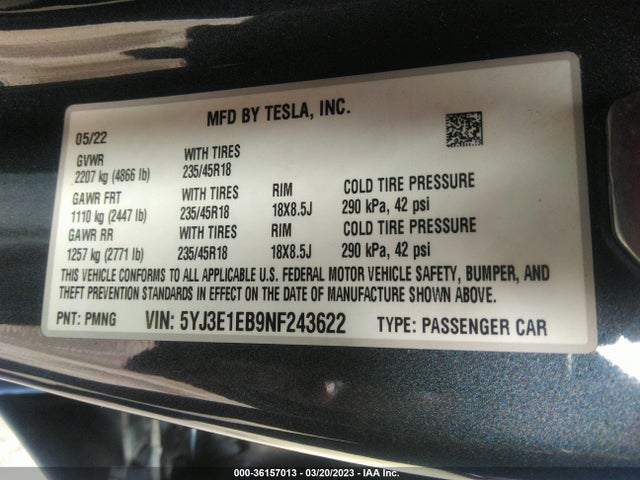 Tesla Model 3 Long Range 2022 5YJ3E1EB9NF243622 Image 10