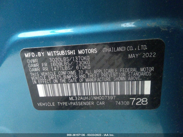 2022 MITSUBISHI MIRAGE ES/LE VIN: ML32AUHJ1NH007397