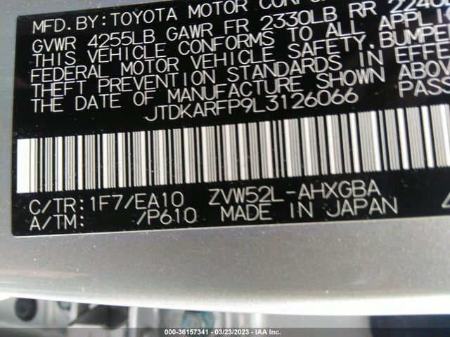 2020 TOYOTA PRIUS PRIME LE/XLE/LIMITED VIN: JTDKARFP9L3126066