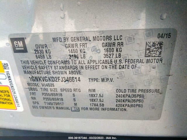 Chevrolet Traverse Lt 2015 1GNKVGKD2FJ346614 Image 10