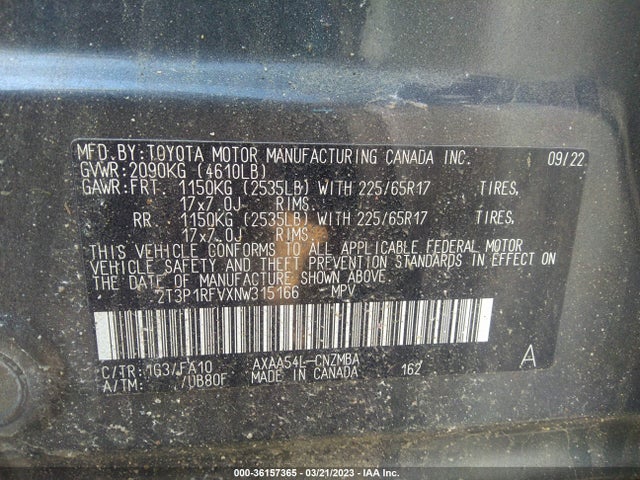 2022 TOYOTA RAV4 XLE VIN: 2T3P1RFVXNW315166
