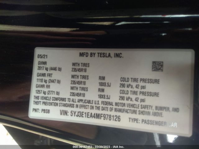 5YJ3E1EA4MF978126 Tesla Model 3 Standard Range Plus