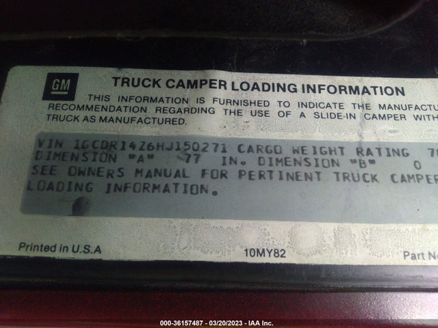 1987 CHEVROLET R10 VIN: 1GCDR14Z6HJ150271