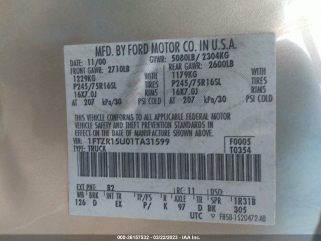 2001 FORD RANGER XL FLEET/XLT VIN: 1FTZR15U01TA31599