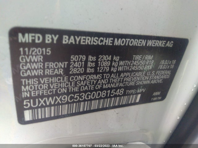 BMW X3 Xdrive28i 2016 5UXWX9C53G0D81548 Image 10