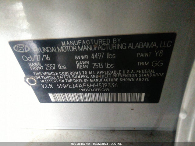 2017 HYUNDAI SONATA 2.4L VIN: 5NPE24AF6HH519336