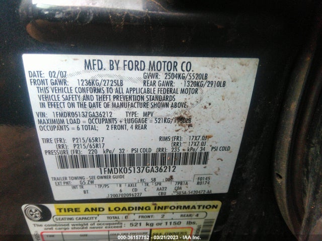 2007 FORD FREESTYLE SEL VIN: 1FMDK05137GA36212