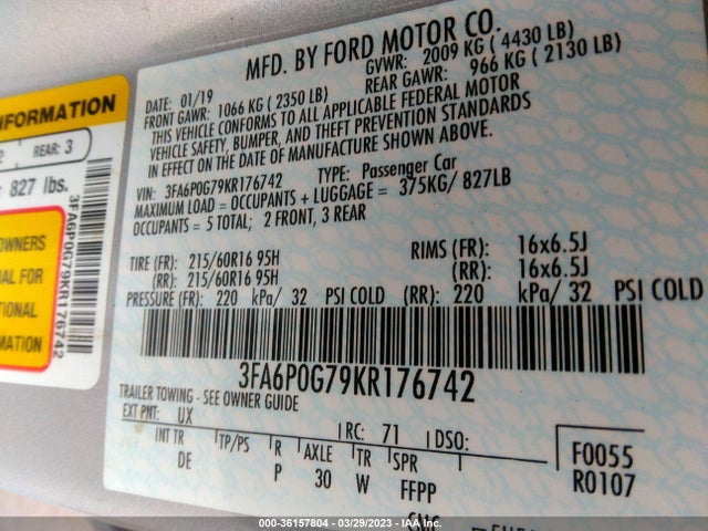 Продаж на аукціоні авто 2019 Ford Fusion S, vin: 3FA6P0G79KR176742, номер лоту: 36157804
