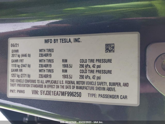 Tesla Model 3 Standard Range Plus 2021 5YJ3E1EA6MF996269 Image 9
