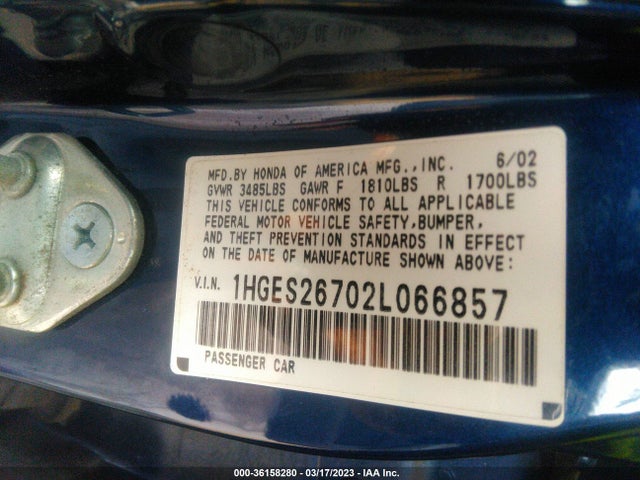2002 HONDA CIVIC EX VIN: 1HGES26702L066857