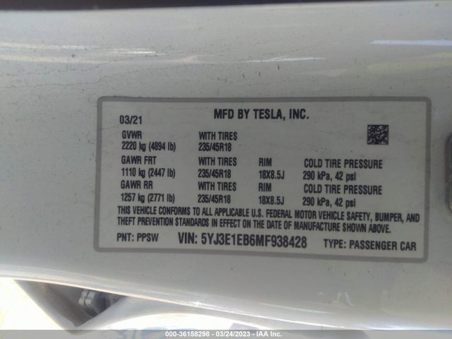 5YJ3E1EB6MF938428 Tesla Model 3 Long Range
