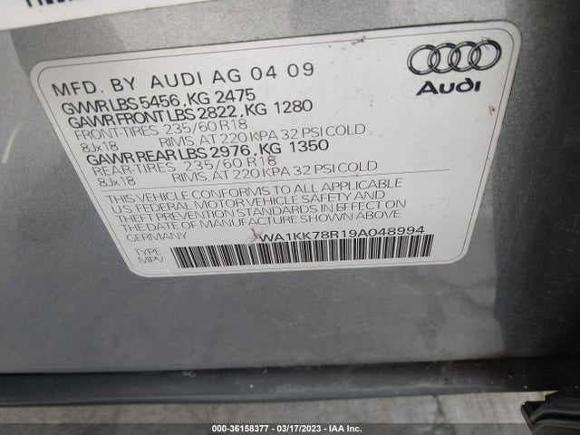 36158377 :رقم المزاد ، WA1KK78R19A048994 vin ، 2009 Audi Q5 Premium Plus مزاد بيع
