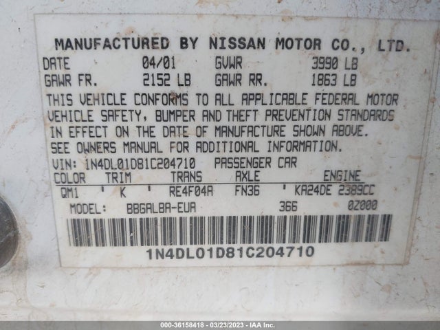 2001 NISSAN ALTIMA GXE VIN: 1N4DL01D81C204710