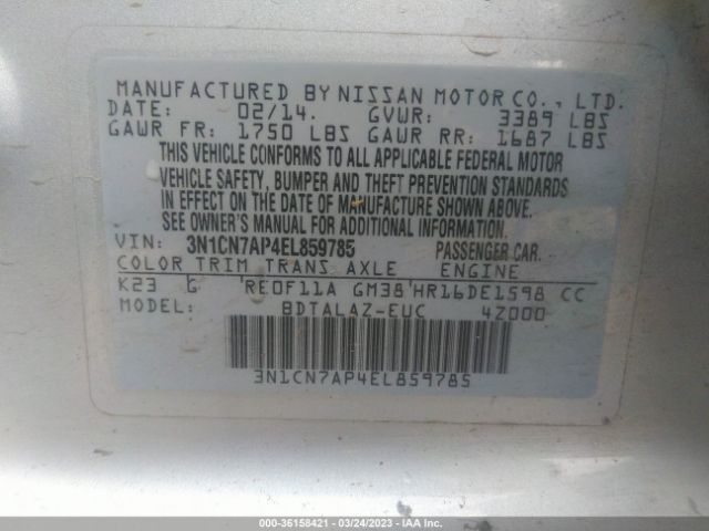 3N1CN7AP4EL859785 Nissan Versa S Plus