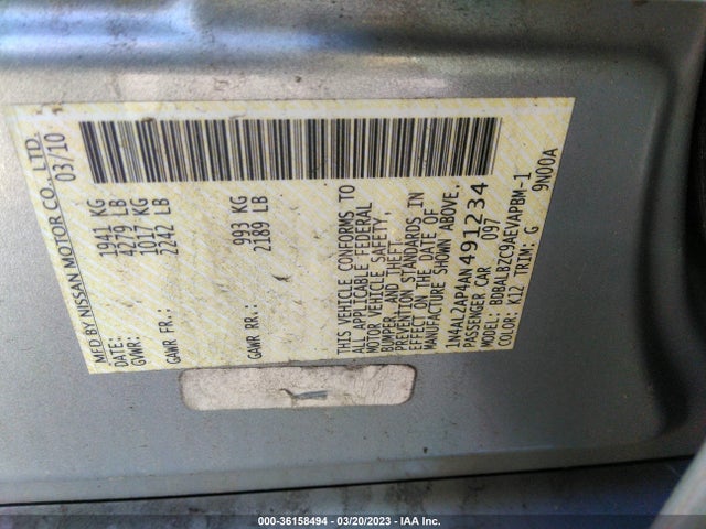 2010 NISSAN ALTIMA 2.5 SL VIN: 1N4AL2AP4AN491234