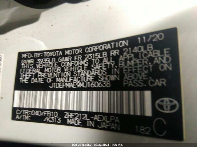 2021 TOYOTA COROLLA LE VIN: JTDEPMAE9MJ160638