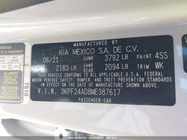3KPF24AD8ME387617 KIA Forte Lxs