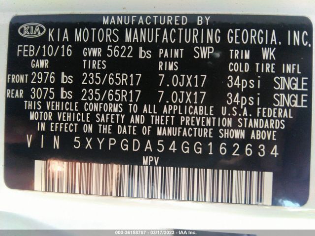 5XYPGDA54GG162634 KIA SORENTO LX