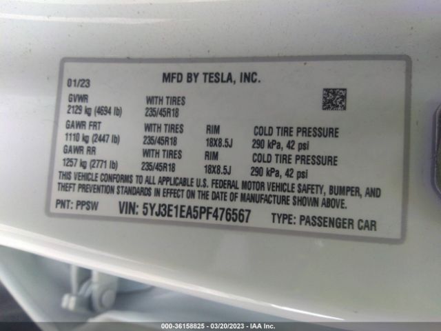 5YJ3E1EA5PF476567 Tesla MODEL 3
