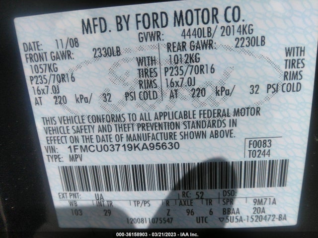 2009 FORD ESCAPE XLT VIN: 1FMCU03719KA95630
