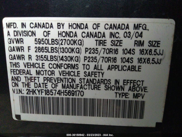 2004 HONDA PILOT EX VIN: 2HKYF18574H569170
