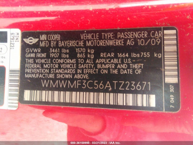 2010 MINI COOPER HARDTOP VIN: WMWMF3C56ATZ23671