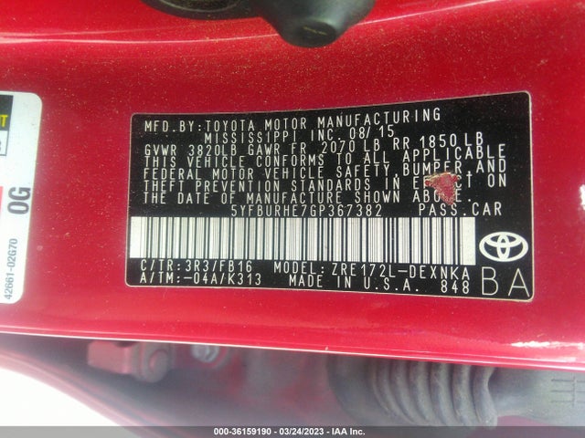 Toyota Corolla L/le/s/s Plus/le Plus 2016 5YFBURHE7GP367382 Image 9