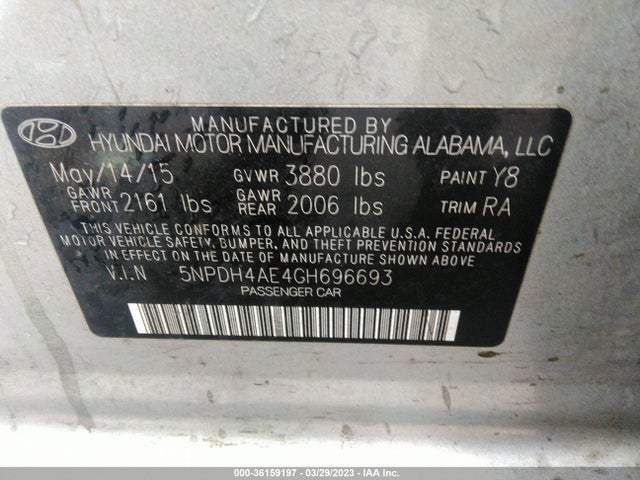 36159197 :رقم المزاد ، 5NPDH4AE4GH696693 vin ، 2016 Hyundai Elantra Se مزاد بيع