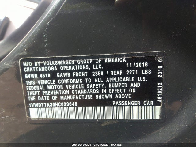 1VWDT7A30HC033646 Volkswagen Passat R-line W/comfort Pkg