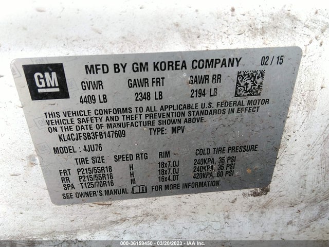 2015 BUICK ENCORE CONVENIENCE VIN: KL4CJFSB3FB147609