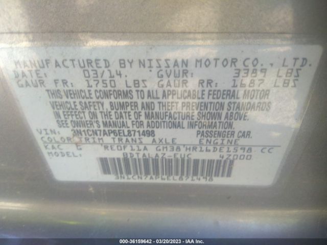 3N1CN7AP6EL871498 Nissan Versa S Plus