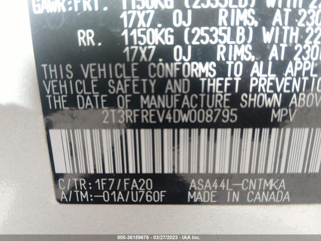 2013 TOYOTA RAV4 XLE VIN: 2T3RFREV4DW008795