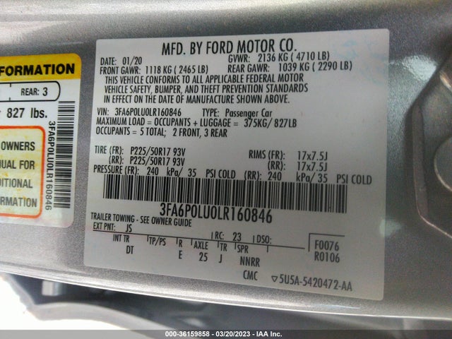 3FA6P0LU0LR160846 Ford Fusion Hybrid Se