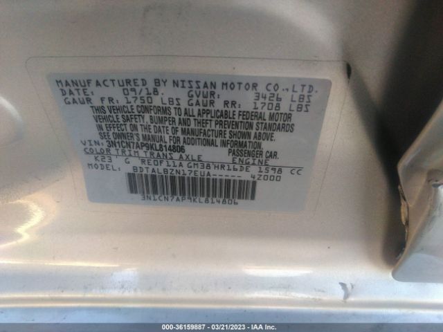 3N1CN7AP9KL814806 Nissan Versa Sedan Sv