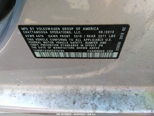 1VWBP7A30EC013792 Volkswagen Passat Se W/sunroof