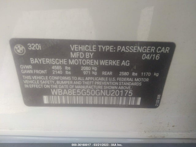 2016 BMW 3 Series, VIN: WBA8E5G50GNU20175
