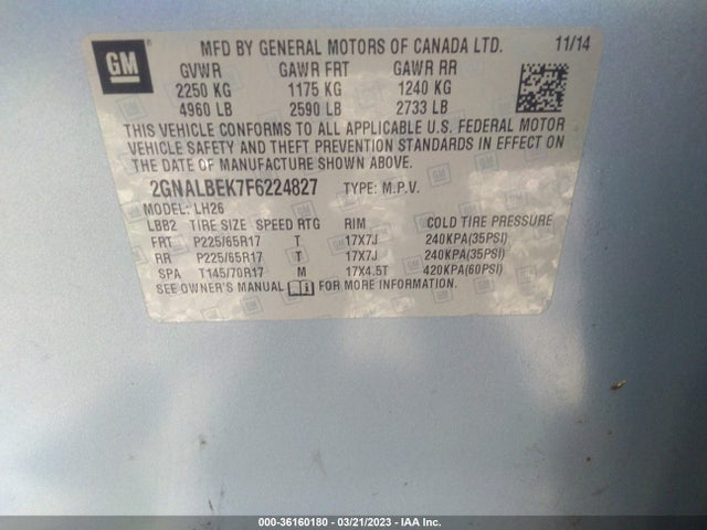 Chevrolet EQUINOX LT 2015 2GNALBEK7F6224827 Image 10