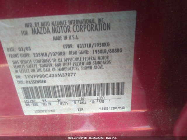 2003 MAZDA MAZDA6 I VIN: 1YVFP80C435M37077