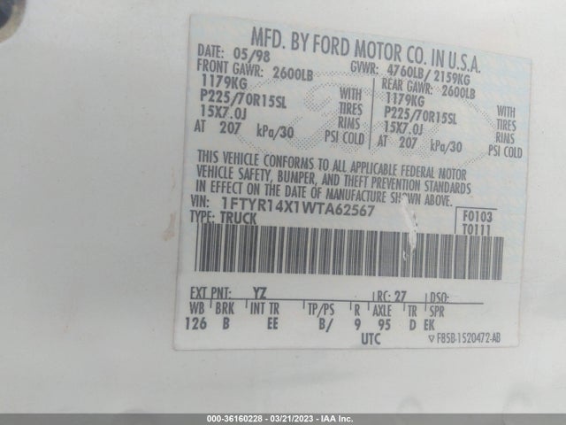 1998 FORD RANGER XL/XLT/SPLASH VIN: 1FTYR14X1WTA62567