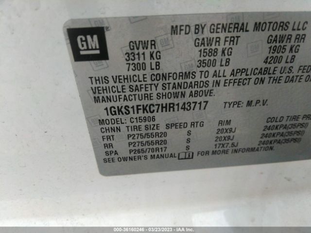 1GKS1FKC7HR143717 GMC Yukon Xl Sle
