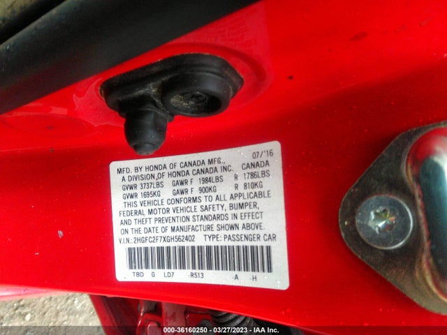 Honda CIVIC EX 2016 2HGFC2F7XGH562402 Image 9