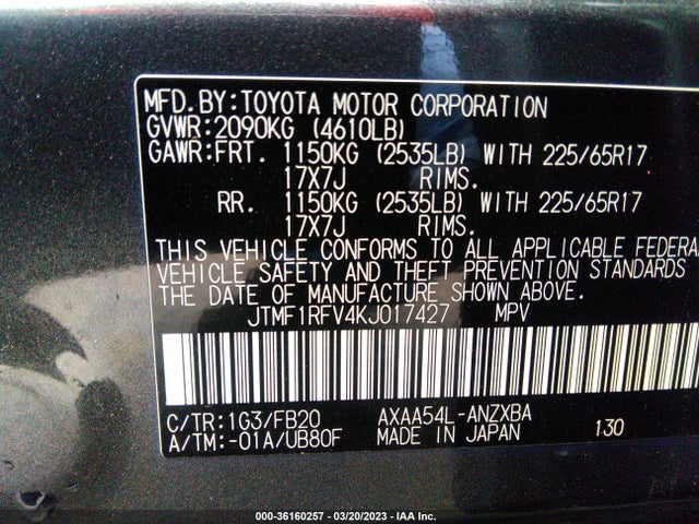 2019 TOYOTA RAV4 LE VIN: JTMF1RFV4KJ017427