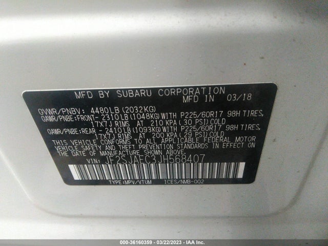 2018 SUBARU FORESTER PREMIUM VIN: JF2SJAEC3JH568407