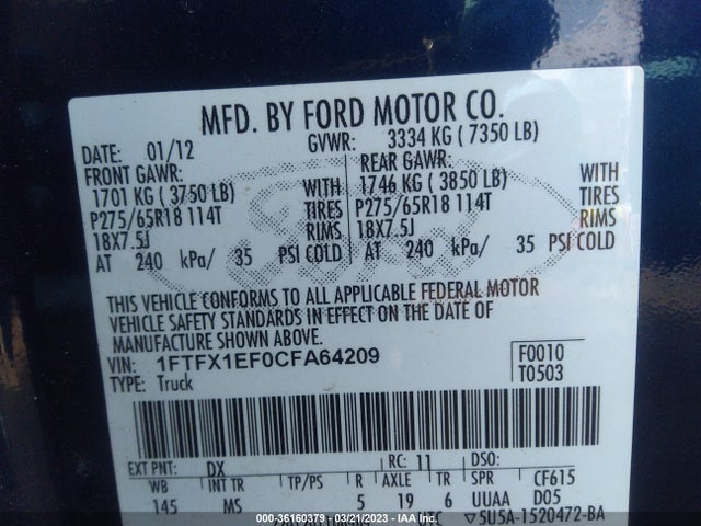 2012 FORD F-150 XL/STX/XLT/FX4/LARIAT VIN: 1FTFX1EF0CFA64209